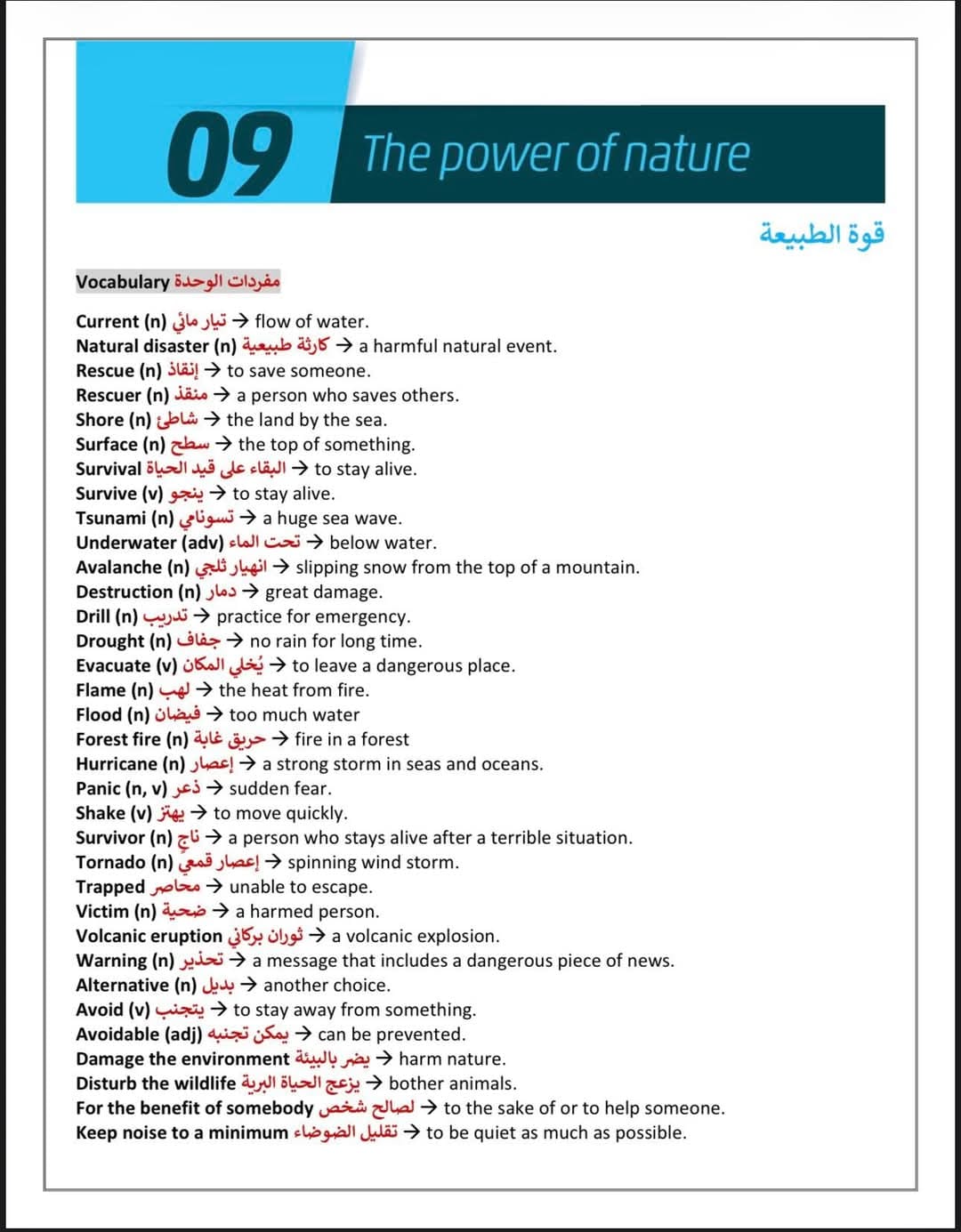 مفردات الوحدة التاسعة مع تمارين مادة اللغة الانجليزية للصف العاشر الفصل الثاني 2026